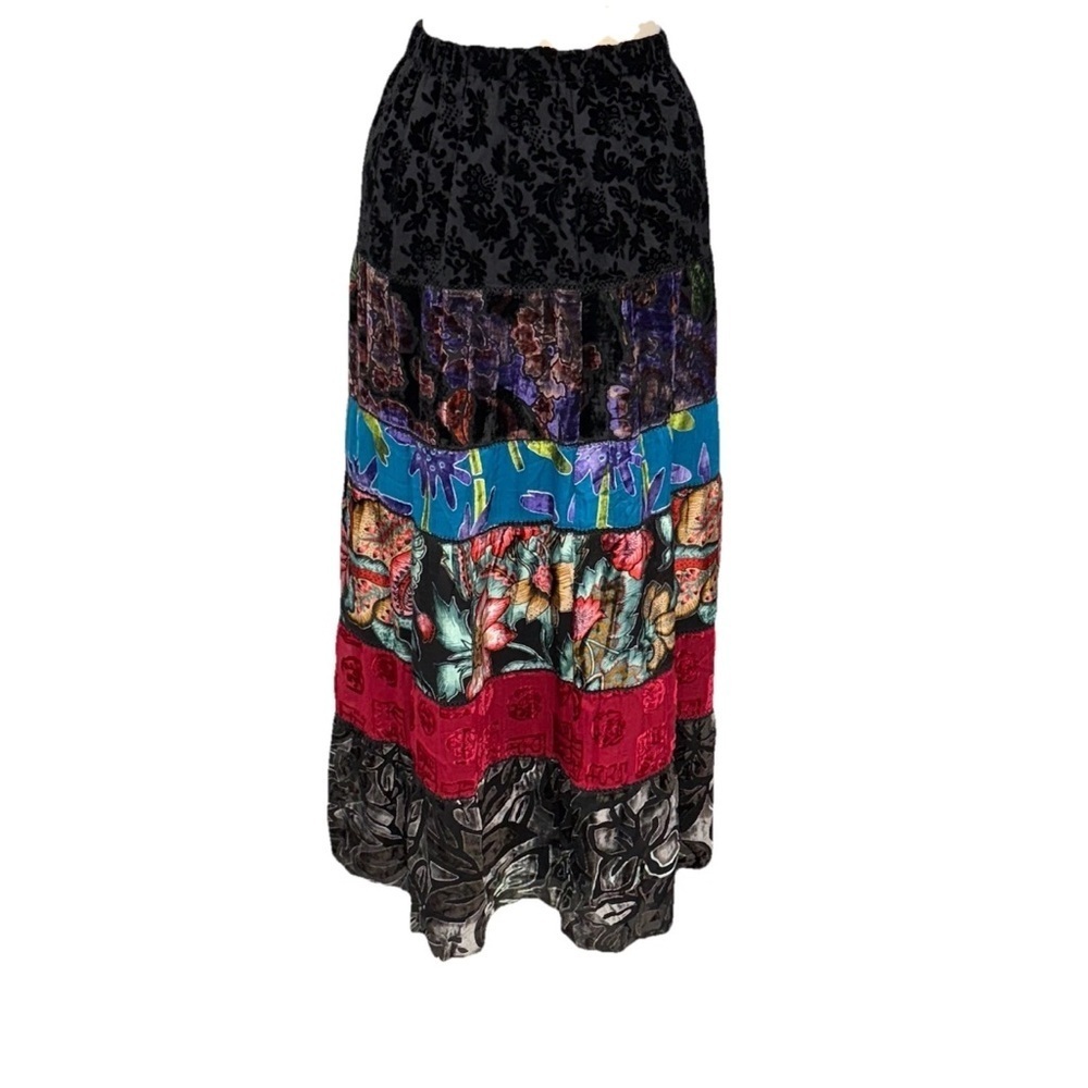 Velvet Burnout & Silk Blend Patchwork Maxi Skirt Chicos 0 (US Small) Boho Hippie
